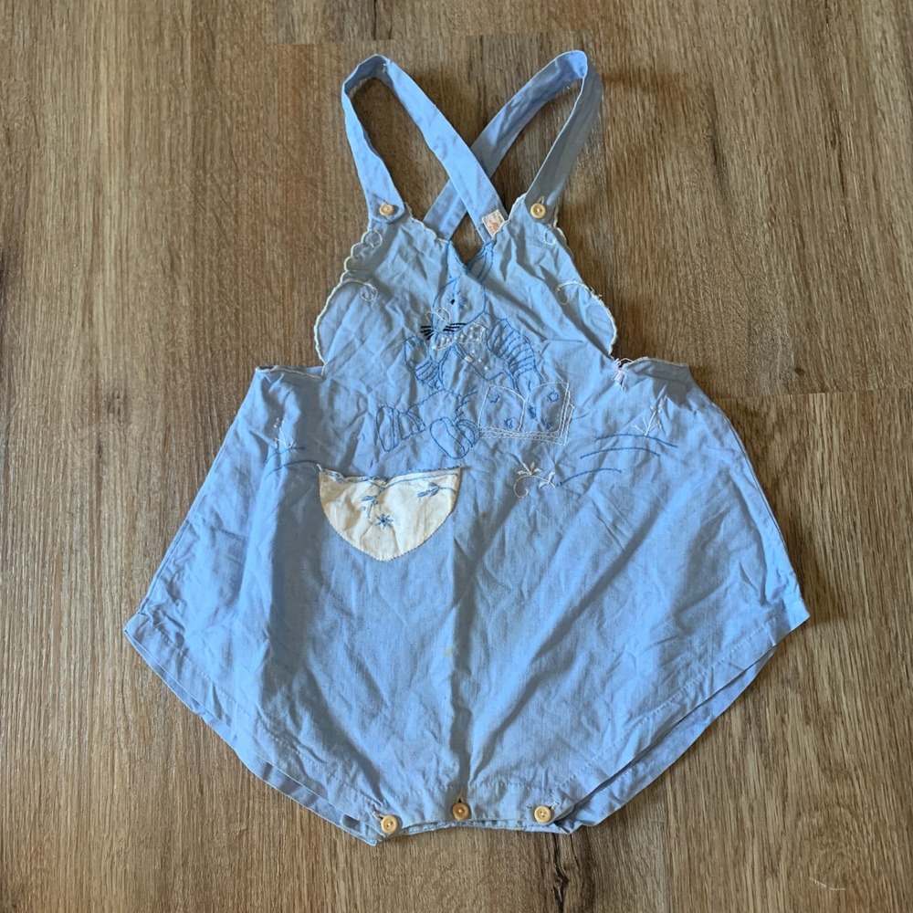 Vintage 1940s Madeira Hand Made Blue Embroidered Bunny Sunsuit Romper 1YR